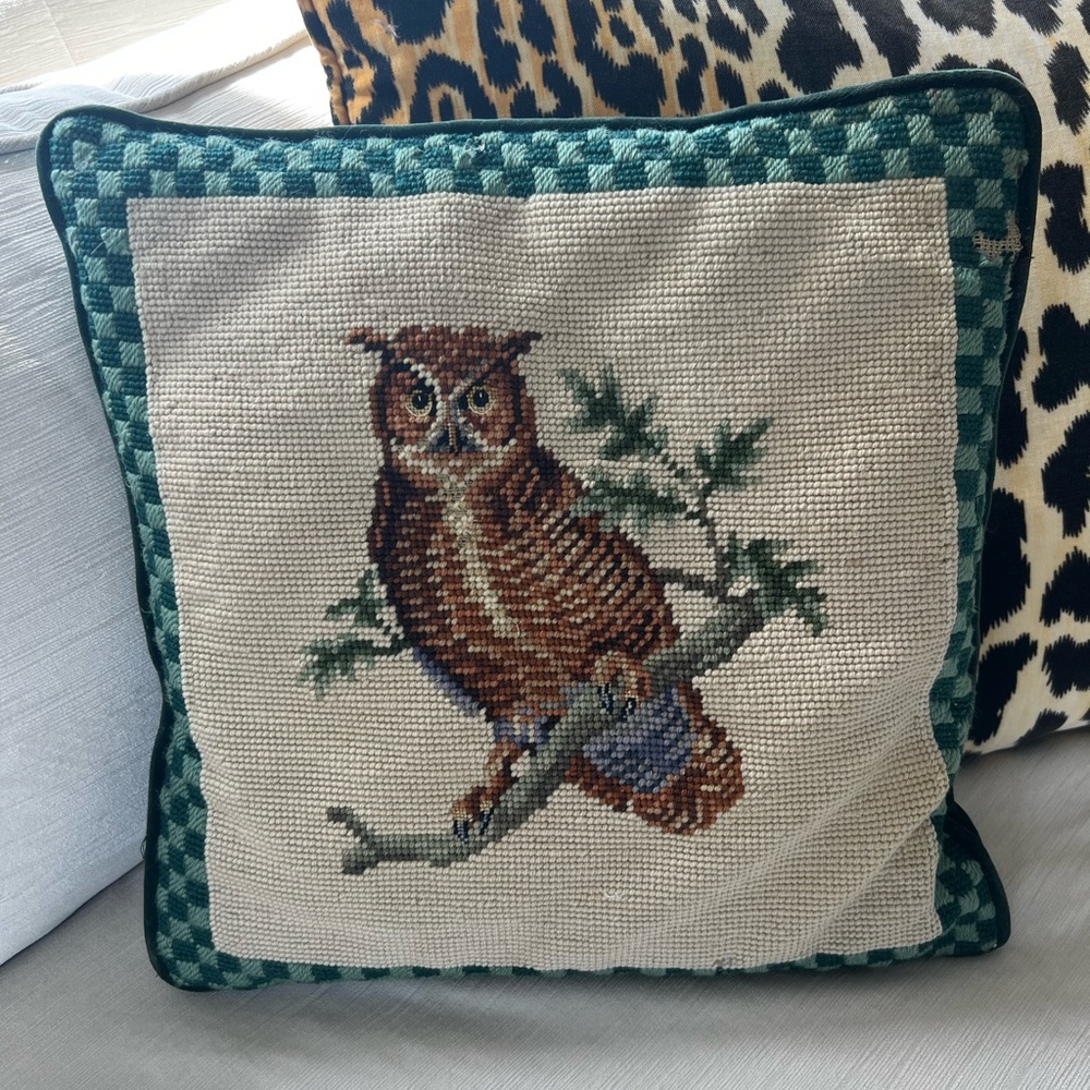 Vintage Needlepoint Owl Pillow MCM